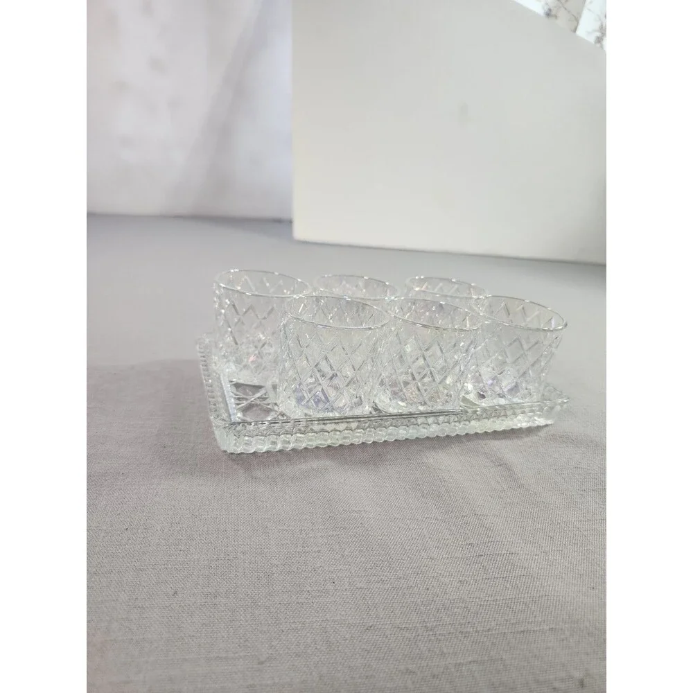 Vintage Cut Crystal Shot Glasses Set of 6 with Matching Rectangular Serving Tray